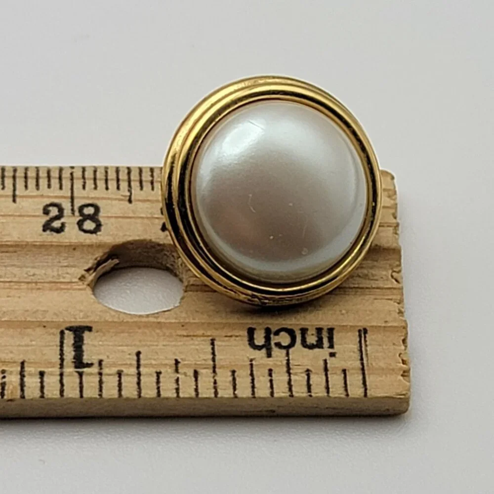 Vintage Monet Faux Pearl Clip On Earrings White Gold Tone Round Stud 20mm